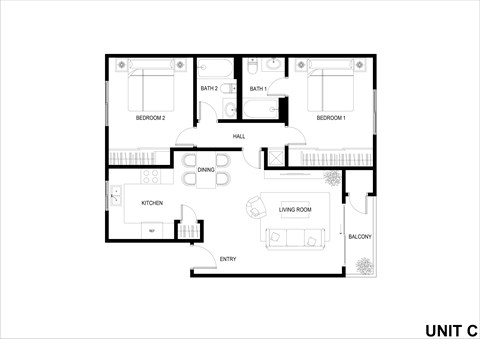 Floor plan for 2 beds, 2 baths, 982 sqft